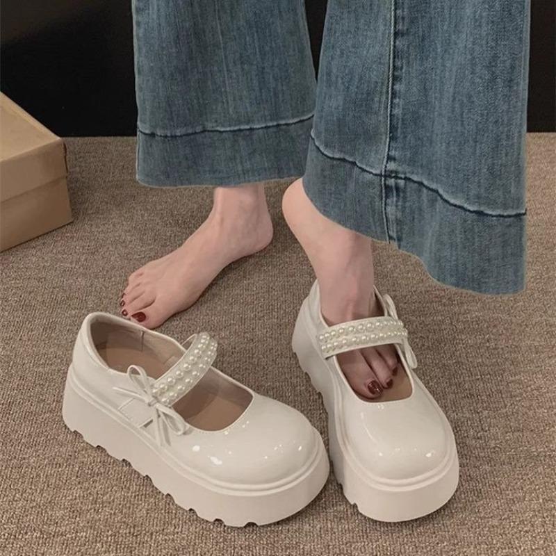 Fashion Bow Platform Single Shoes Autumn New Round Toe Shallow Mouth Beaded Non-Slip Wear-Resistant Wedge Mary Jane Shoes