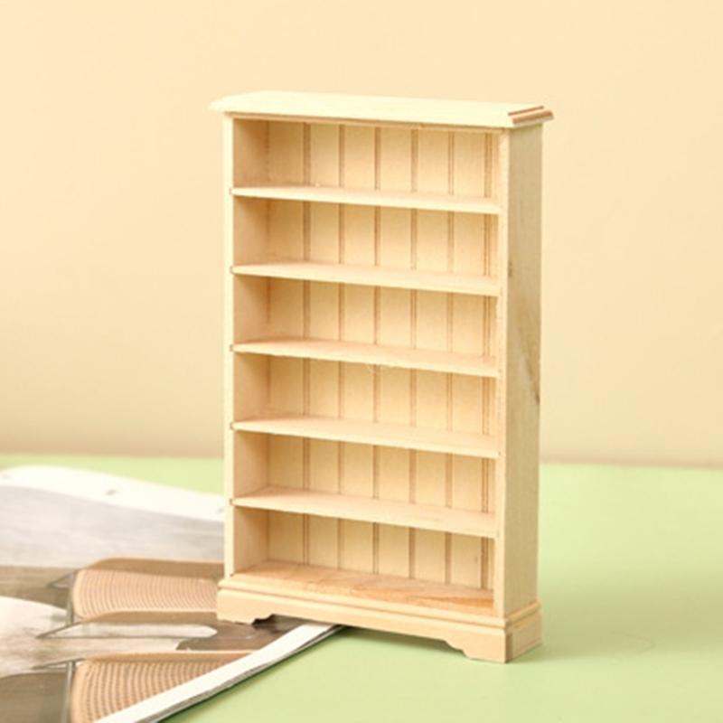 Miniature Library Wooden Bookshelf Model Realistic Dollhouses Bookcase Cabinet Furniture Ornament Decors for 1:12 Scale
