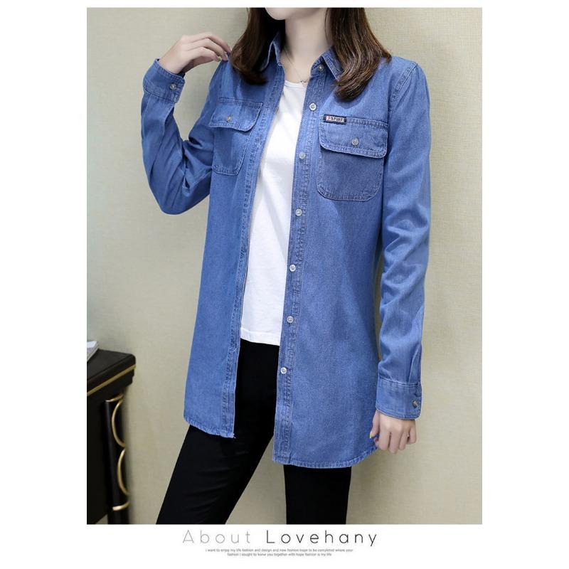 Damen Koreanischer Stil Locker Langarm Denimhemd Lässig Arbeits-Oberbekleidung