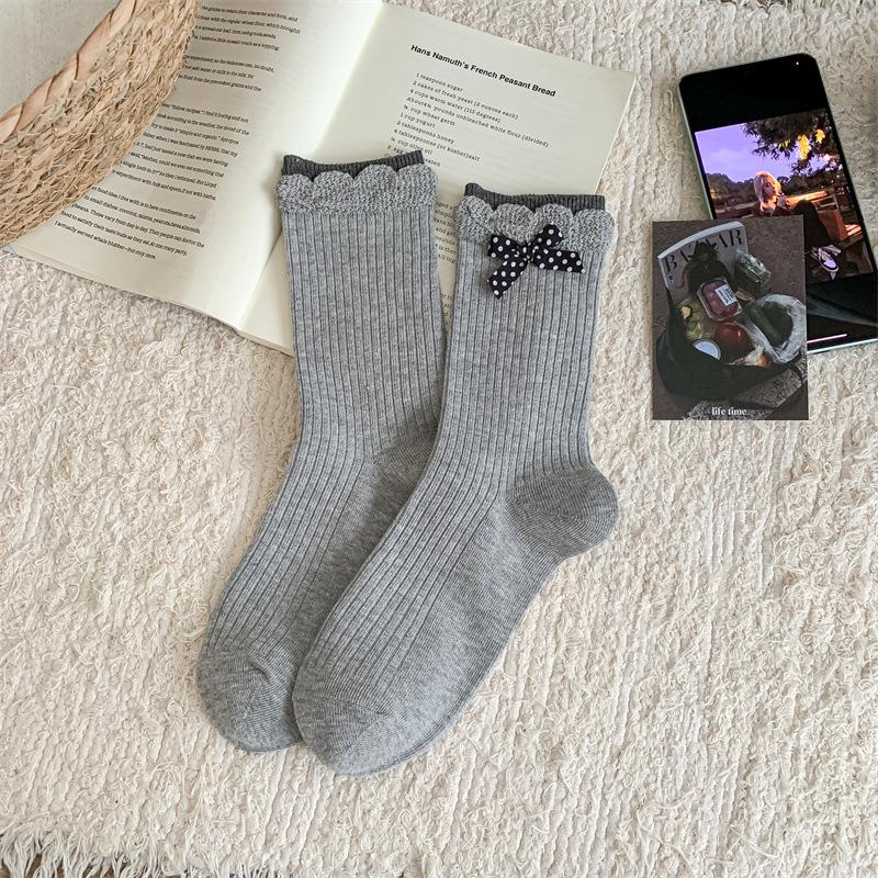 Grey College-style Striped Fabric Label Women's Mid-calf Socks Autumn and Winter Cotton Socks Trendy and Individualistic Long Calf Socks