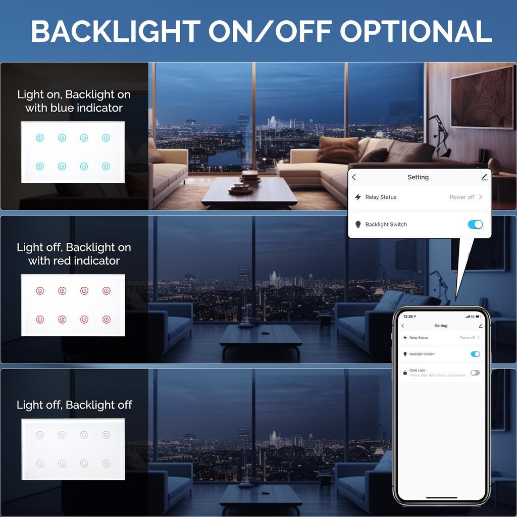 Brazil South Africa Standard Smart Touch Switch 4-6-8Gang Supports Alexa Google Home Smart Wall Switch