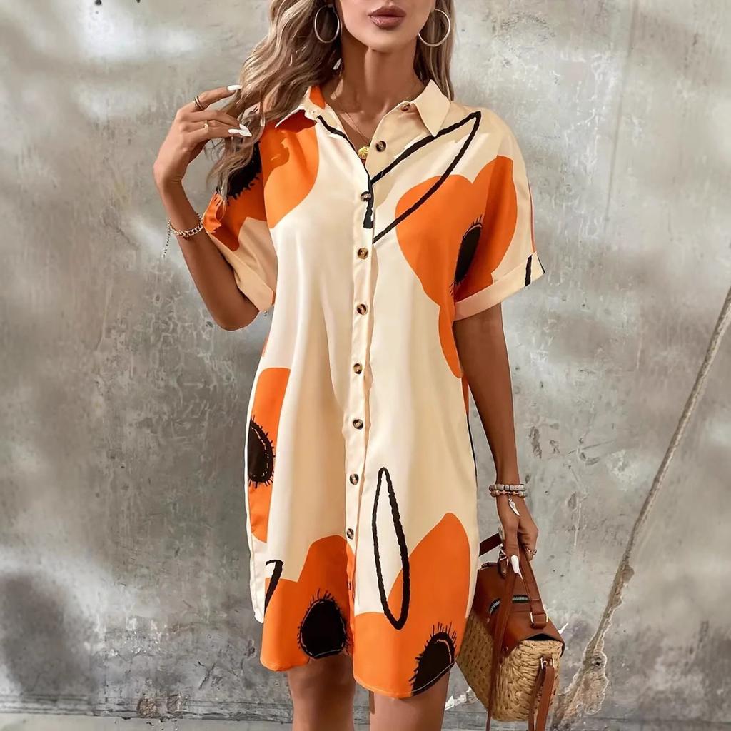 Vacation Flowy Printed Shirt Dress - Women's Loose Casual Blouse Dress