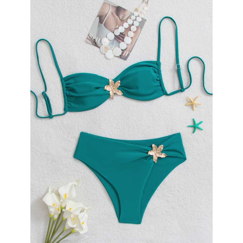New turquoise swimsuit women's metal decorative bikini suit women's sexy tube top high waist vacation swimsuit