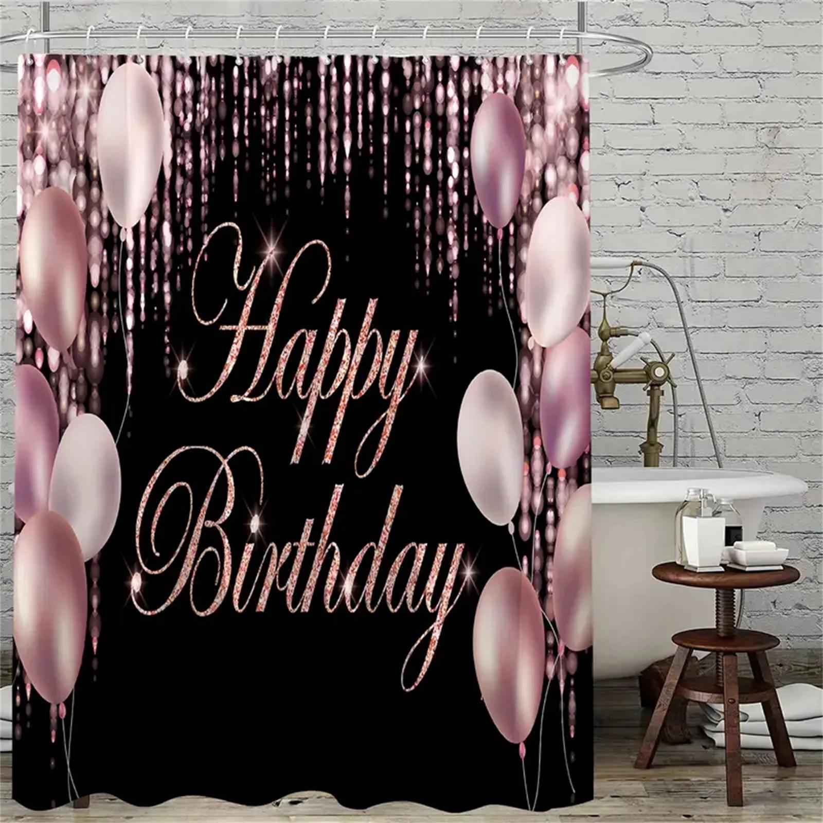 

Birthday Shower Curtain Polyester Fabric Blue Pink Theme Bathroom Curtain Decor Set 180x180cm with 12 Hooks Home Curtain 180*180cm червоний