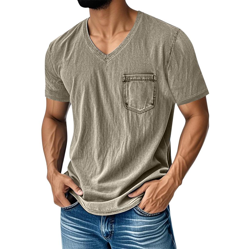 Men's Summer Solid Color V-Neck Loose Pocket Short Sleeve Top