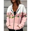 Frühling Herbst Lässig Rosa Rose Blumendruck Kapuzenjacke Damen Leicht Reißverschluss Langarm Pullover Oberbekleidung