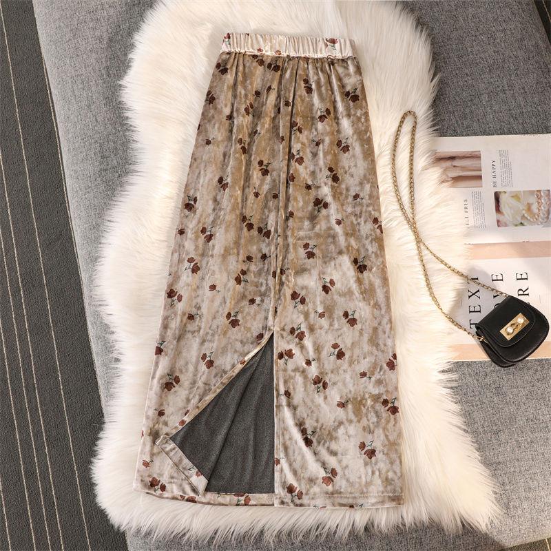 Fusta pe jumatate de toamna si iarna Fusta de dama Retro auriu cu imprimeu din catifea Fusta lunga de dama