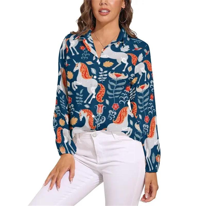 Camicia Colorata con Cavalli a Manica Lunga Camicie da Donna Cavalli Segreti Corse Camicie Vintage Top da Strada Femminili Primavera Estate