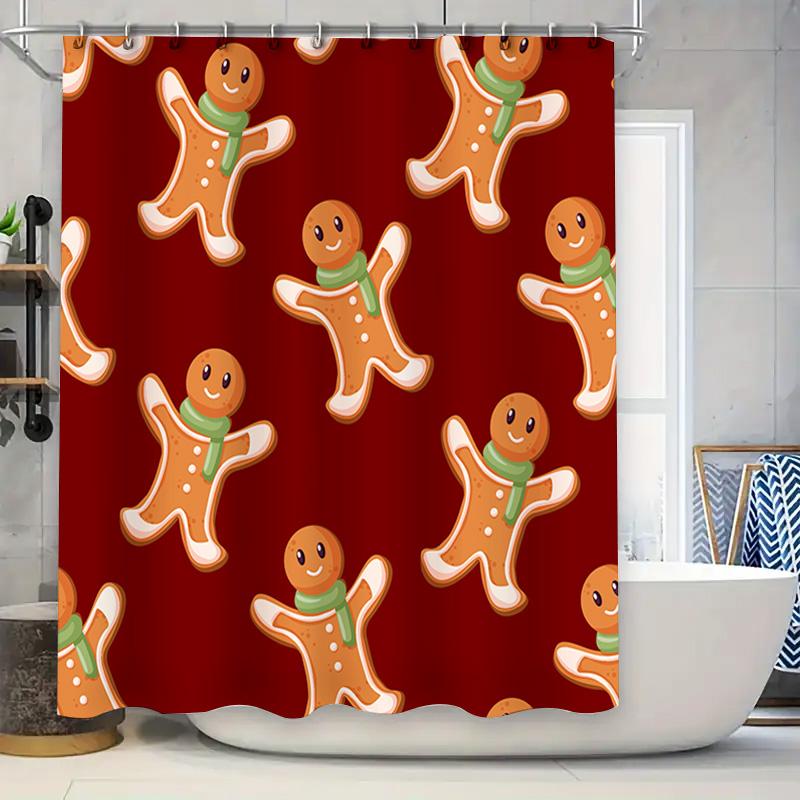 Christmas-themed Shower Curtain with Gingerbread Man Pattern Holiday Bathroom Decor Red Fabric Shower curtain for Home Decoratio 90x180cm