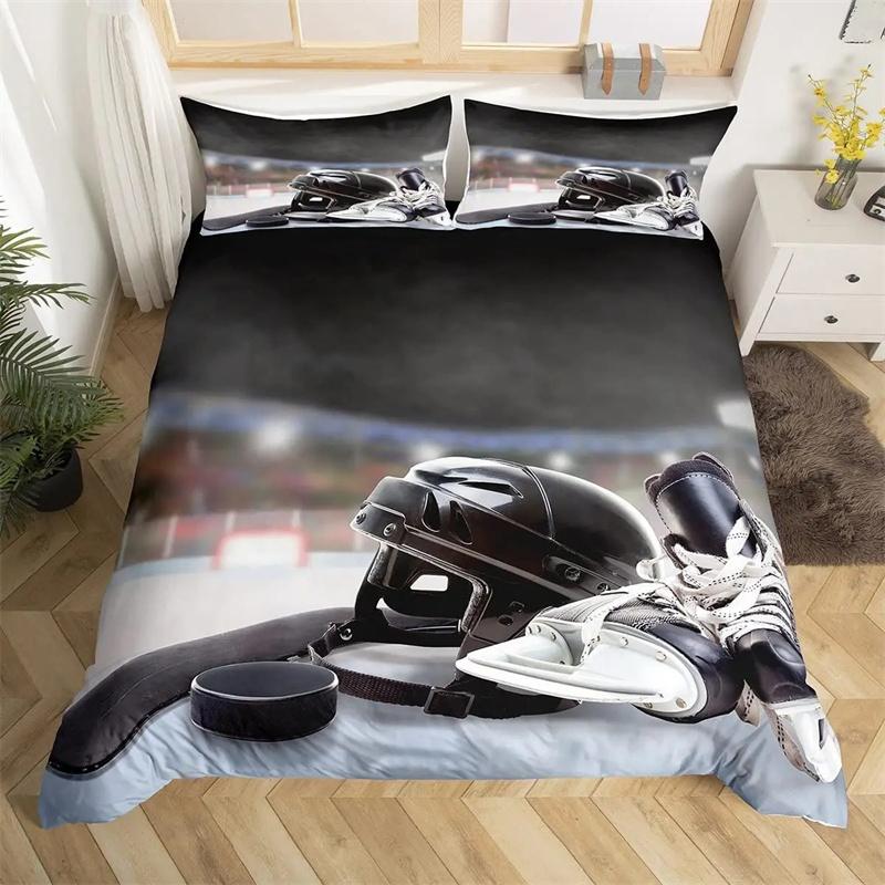 Ice Hockey Duvet Cover Black Polyester Bedding Set for Boys Winter Sports Game Quilt Cover Hockey Player Theme