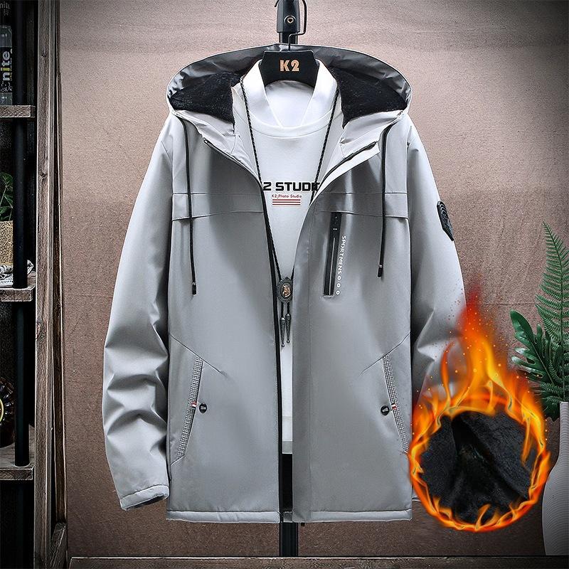 Add fleece thick fashion men's slim hooded coat Men's casual jacket trench coat trend long