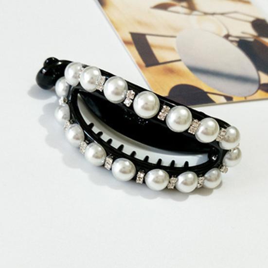 Women Hollow Geometric Oval Rhinestone Faux Pearl Hairpin Ponytail Hair Clip