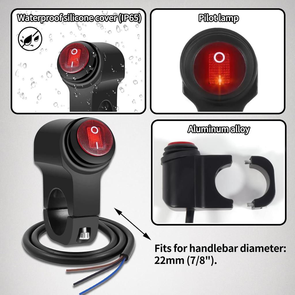 2PCS 7/8" Handlebar Switch - 12V Aluminum Alloy Motorcycle Light ON/Off Switch - Waterproof & Durable Design For Bike, ATV, LED Light (2 PCS)