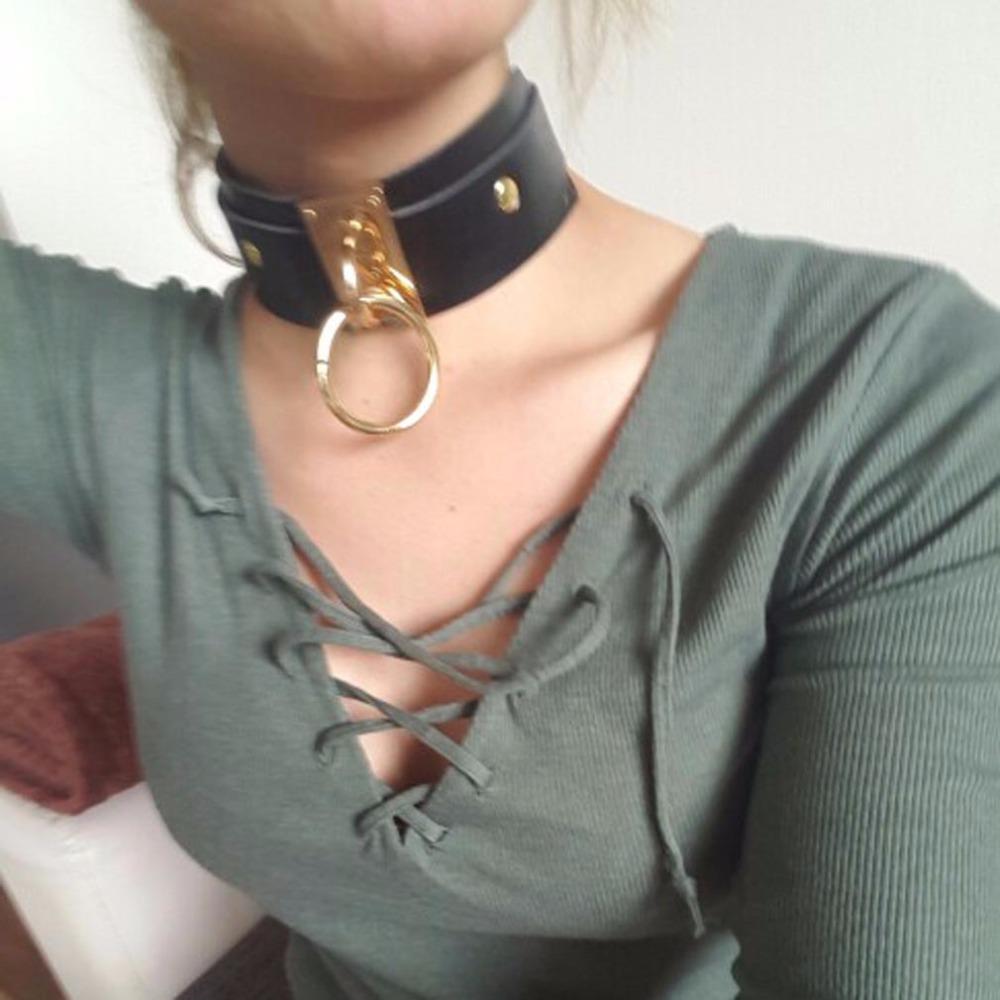 Ny Mote Sexy Harajuku Håndlaget Choker Punk Lær Halsbånd Kobberfarget Metall O-Rund Vridningsmoment Fest Smykker