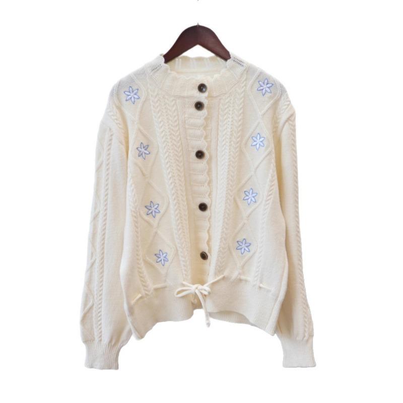 Vintage heavy industry embroidered flower sweater jacket women's autumn and winter new gentle wind drawstring knitted cardigan