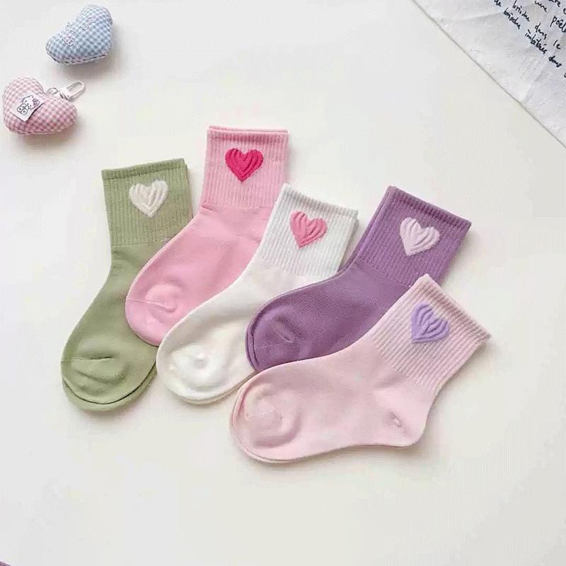 5 Pairs Girls Mid Calf Socks Autumn Winter Cute Love Heart Pattern Casual Versatile Cotton Childrens Socks For Kids 2-3T розовый
