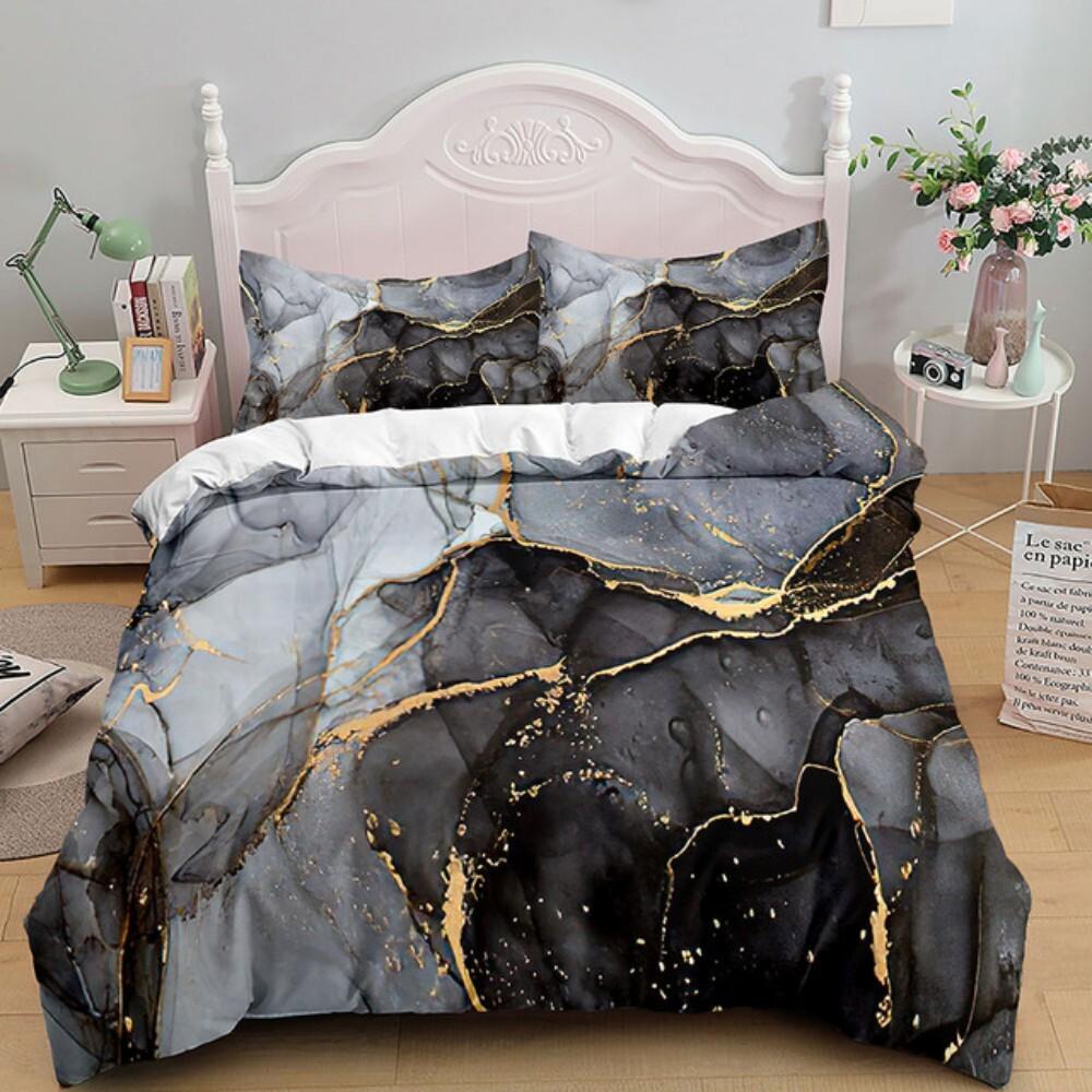 Luxury Black Marble Bedding Set 3D Duvet Cover Set Single Double Twin King Size Teens Adults Bedclothes Soft Polyester Bed Linen