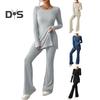 Women Two Pieces Suit Winter Autumn Knitted Long Sleeve Ribbed Slit Top High Waist Flared Trousers Set Fashion Outfit