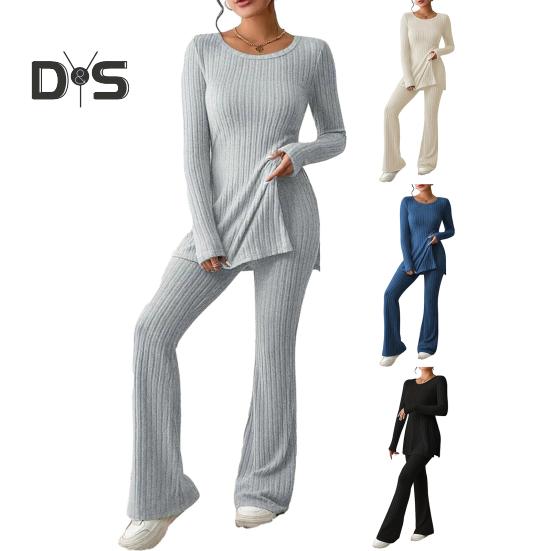 Women Two Pieces Suit Winter Autumn Knitted Long Sleeve Ribbed Slit Top High Waist Flared Trousers Set Fashion Outfit
