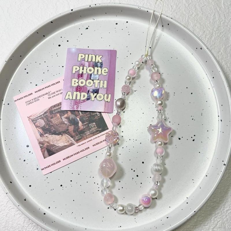 Cute 3D Pink Star Heart Beaded Phone Chain Charm Lanyard For iPhone Samsung Universal Anti-Loss Hanging Rope Jewelry