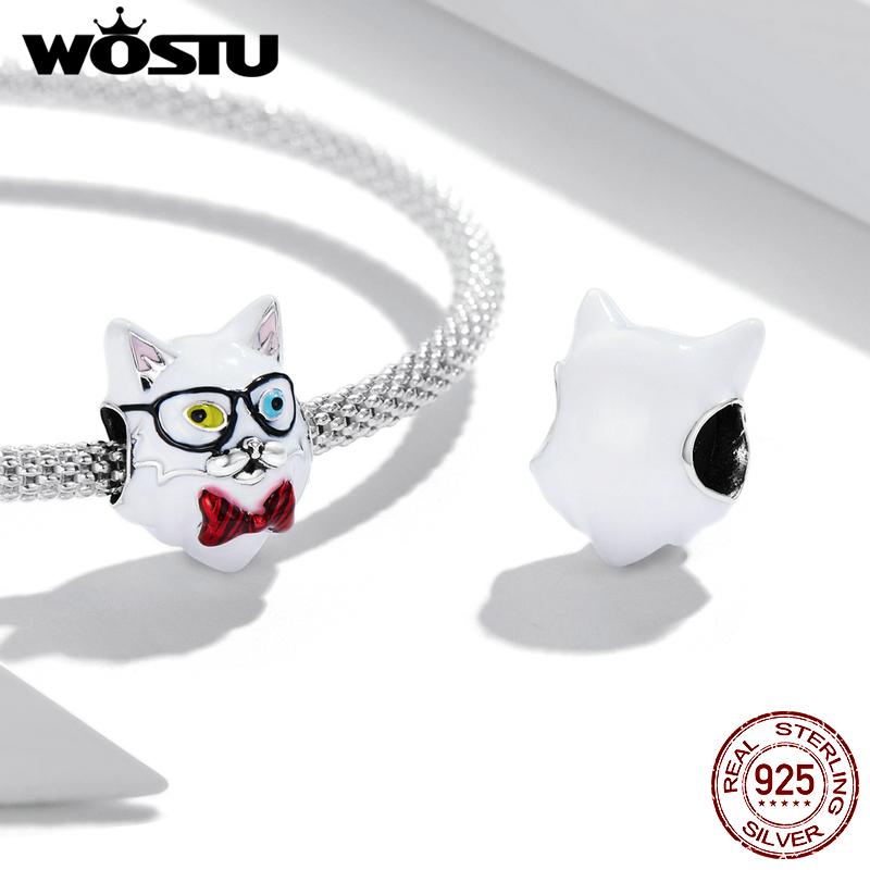 WOSTU 925 Sterling Silver Animal Pendant Cute White Cat Charm Beads Fit Original Bracelet Necklace For Women Jewelry