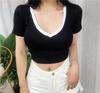 Nouveau t-shirt court ajusté pour femme, haut d'été à boutons ouverts, manches courtes, taille haute, décolleté en V en forme de cœur, ajusté, décolleté plongeant, étudiant
