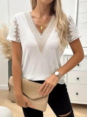 Europese-Amerikaanse Dames Casual V-hals Korte Mouwen Kant Patchwork Henley Top