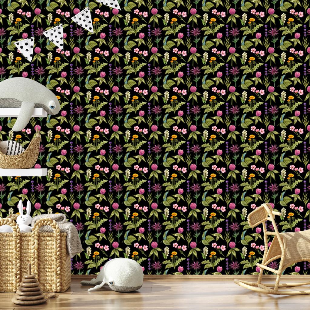 Wallpaper Flowers Black and Yellow for Living Room and Bedroom 50x1000