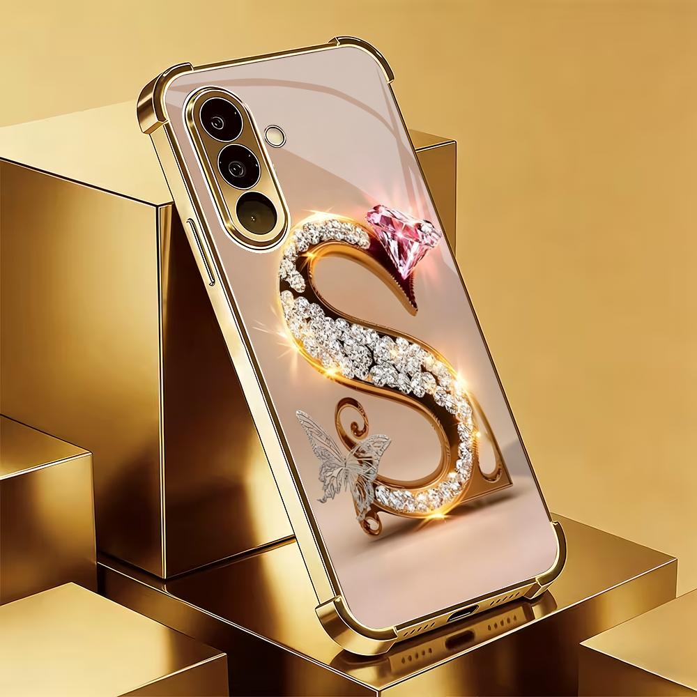 Diamond letter S electroplated glass phone case suitable for Samsung Galaxy S26 S25 S24 S22 S21 S20 FE/Ultra/Plus anti drop