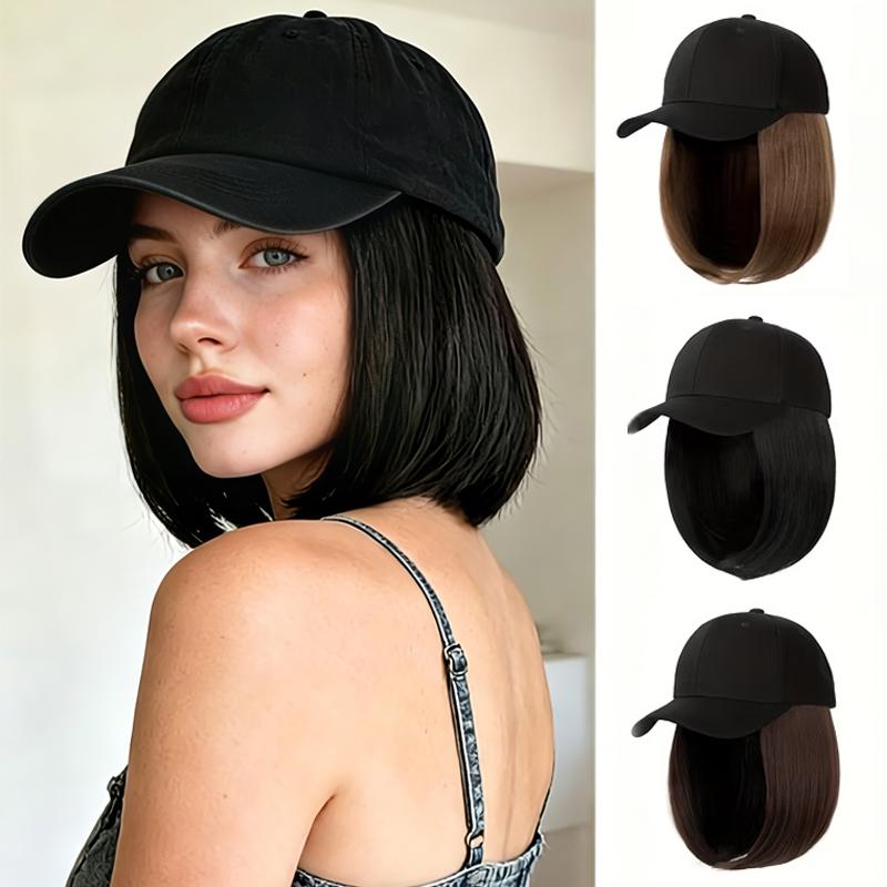Hut Perücken Kurze Gerade Bob Frisur Perücke mit Basecap für Damen Synthetische Hitzebeständige Haar Perücken mit Verstellbarem Hut