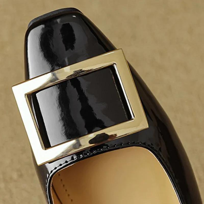 2024 New Women 2cm Low Heels Wedding Shoes Female Fashion Metal Square Buckle Shoes Lady Patent Leather Barefoot Goddess Pumps