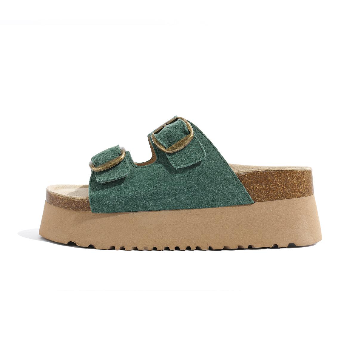 

Тапочки из коровьей кожи на толстой подошве, ретро кожаные тапочки Birkencool, ленивая подошва-маффин, пляжные туфли на один ремешок 39 зелёный