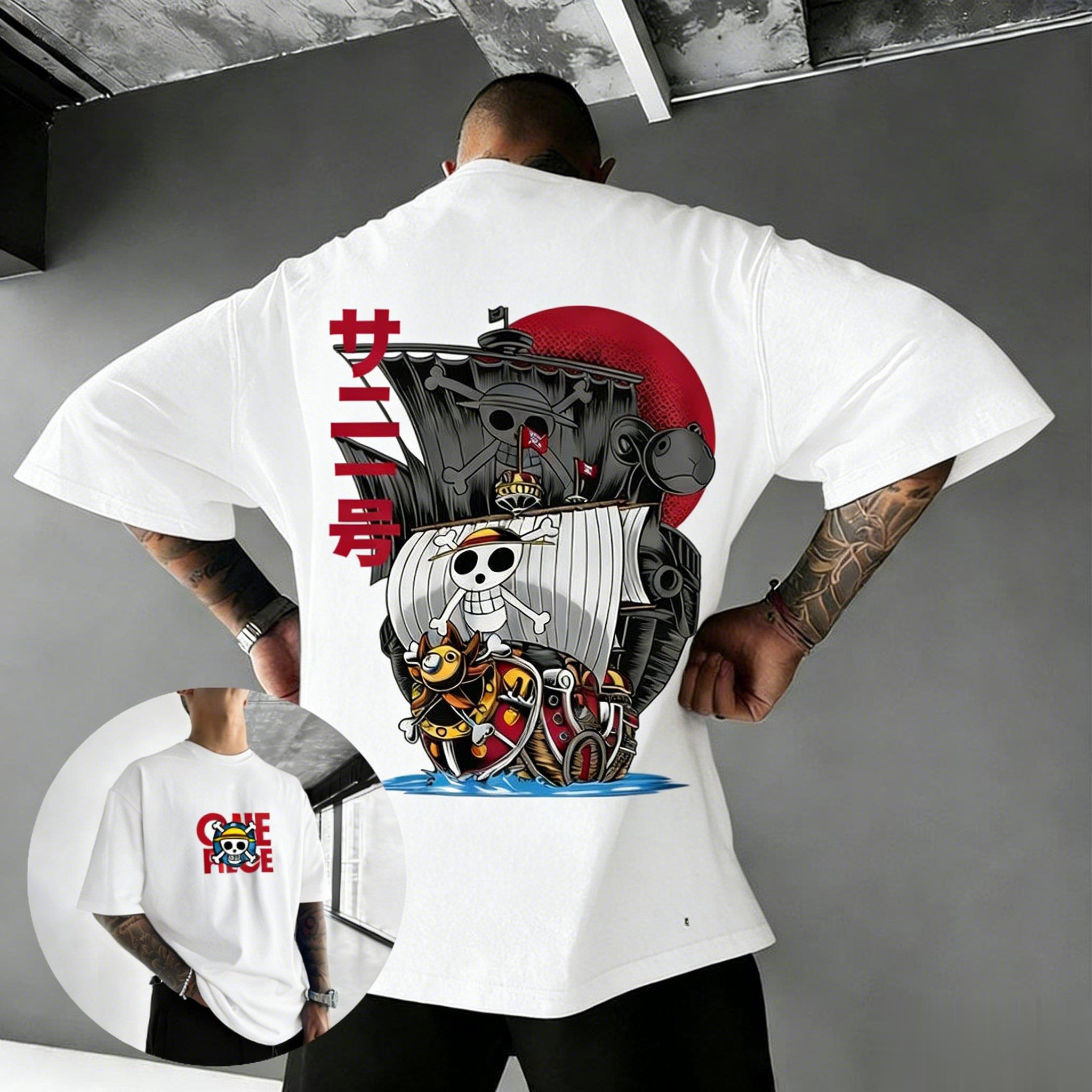 

One Piece TShirt Men Summer Thousand Sunny Straw Hat Pirates Ship Graphic Short Sleeve Streetwear Loose Fit Anime Fan Top 2XL