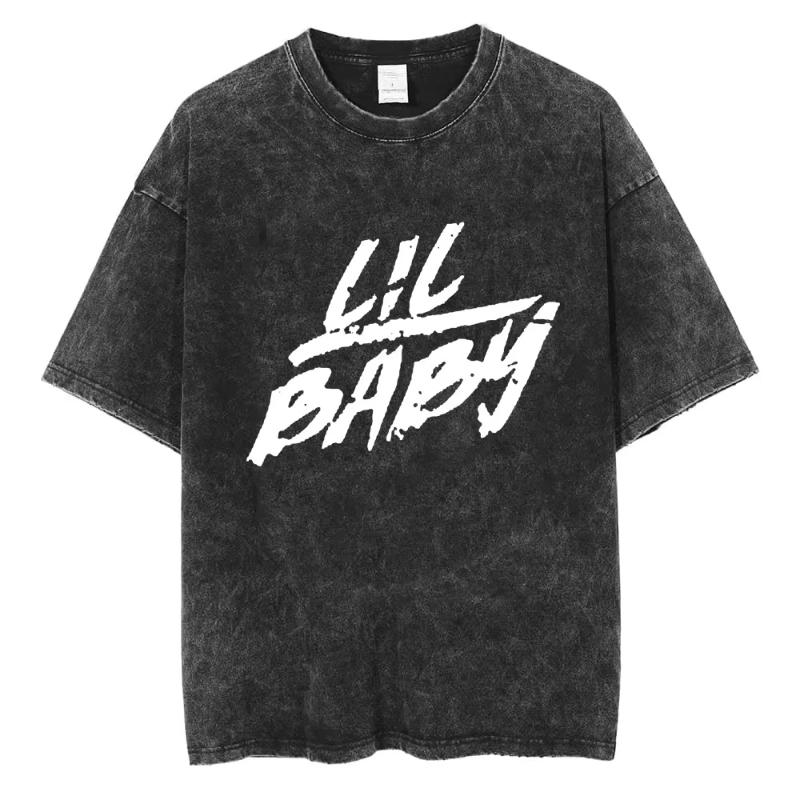 Hip Hop Rapper Wash Vintage Black Lil Baby T Shirt Unisexs Fashion Oversized Tee Short Sleeve Regular Unisex Tshirt Unisex Streetwear M