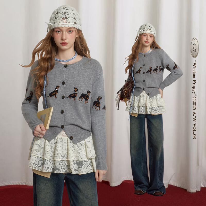 UNIFREE Women s Playful Dog Jacquard Knit Cardigan One Size