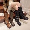 Botas de cavaleiro de sola grossa, bico redondo retrô, novas para primavera e outono de 2025, perna longa, botas de empilhar, botas de perna alta, botas longas