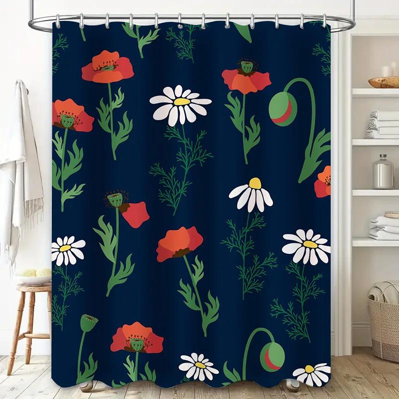 Summer Floral Shower Curtain Navy Blue Flower Print Bath Decorations Waterproof Washable Home Decoration