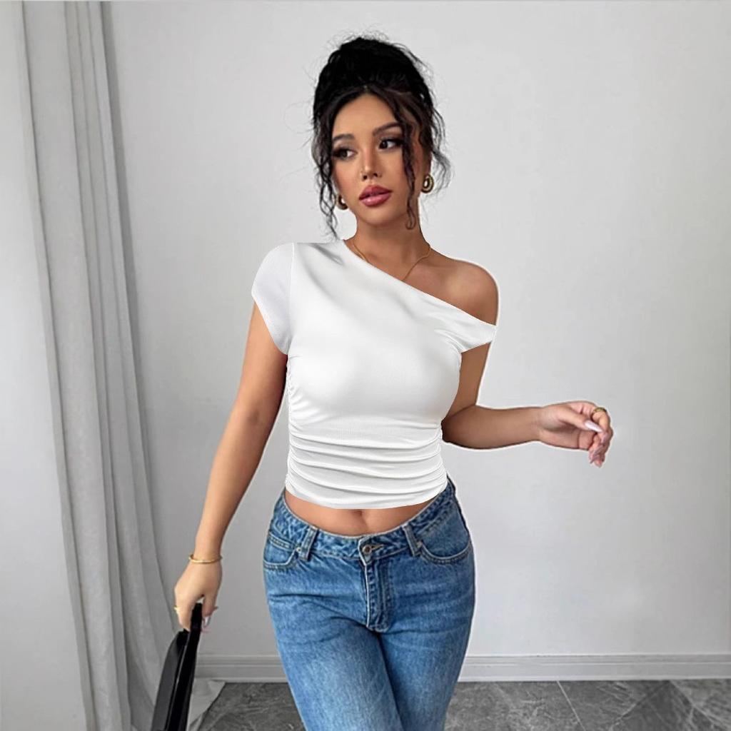 European and American Style Summer New Slanted Shoulder Collar Sexy Top Hot-selling Thin Pleated Exposed Navel Spice Girl Women's Clothing
