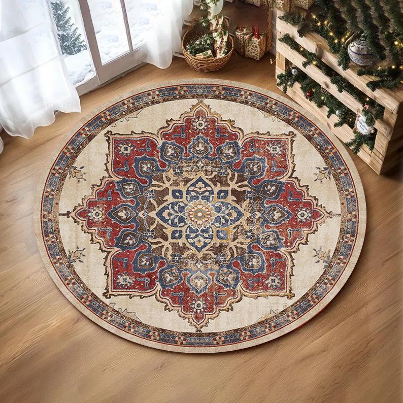 Vintage Oosters Medaillon Rond Tapijt Speel- en Leeskleed voor Kinderen Tafelvloermat voor Rustieke Boerderij Woonruimte 120X120CM