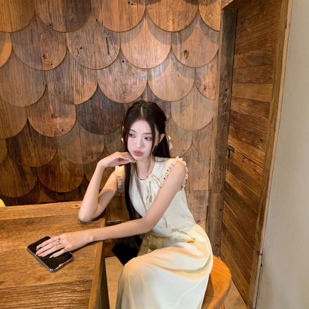 Gentle wind sweet bow sleeveless dress women's spring new waist thin temperament fairy long dress