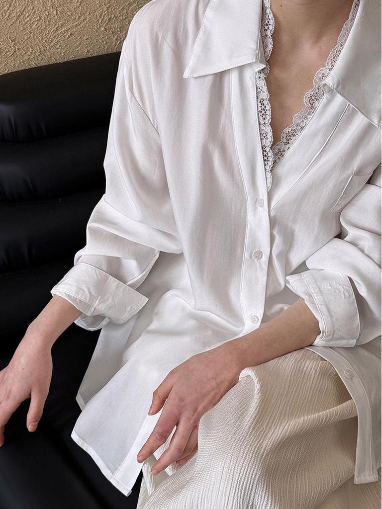 LUXI High-End French Polo Collar Lace Patchwork Women's Shirt - Spring New Arrival Temperament Top