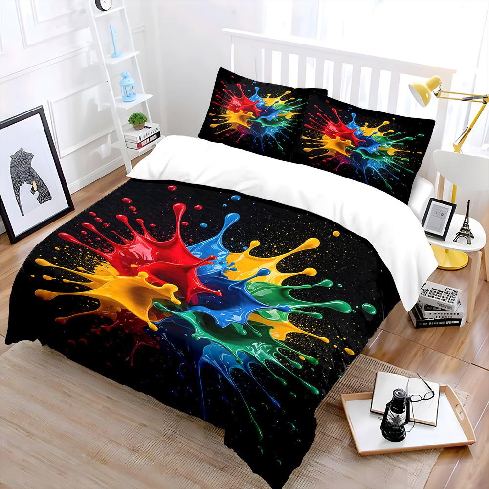 Colorful Paint Splash Artwork Bedding Set For Kids Luxury Gift 3Pcs Digital Print Comforter Set Soft Comfortable Breathable