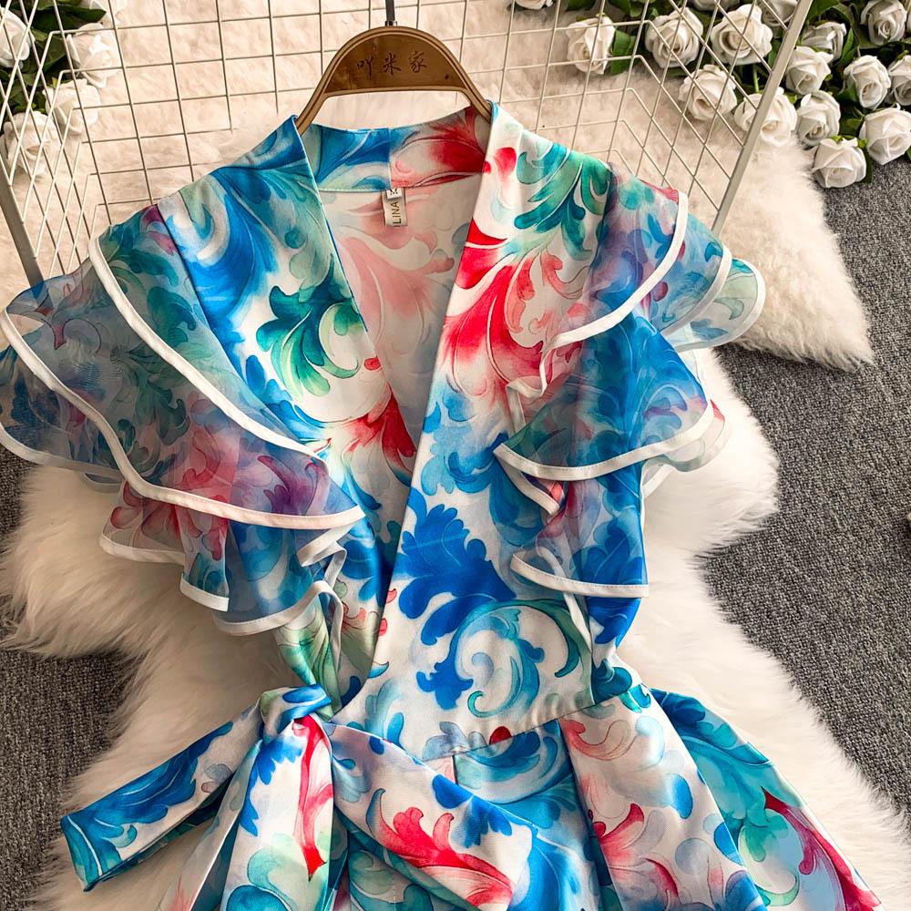 Rochii Lungi Elegante cu Imprimeu Floral Femei Vară Vacanță Mânecă cu Volane Dintr-o Bucată Petrecere Vintage Retro Rochii de Seară