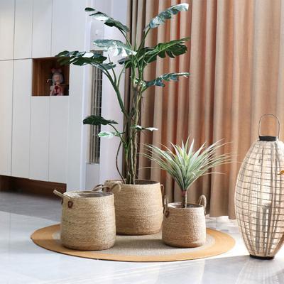 Grass Woven Flower Basket with Handle Round Potted Plant Organizer for Home Bedroom Room Dormitory Decoration