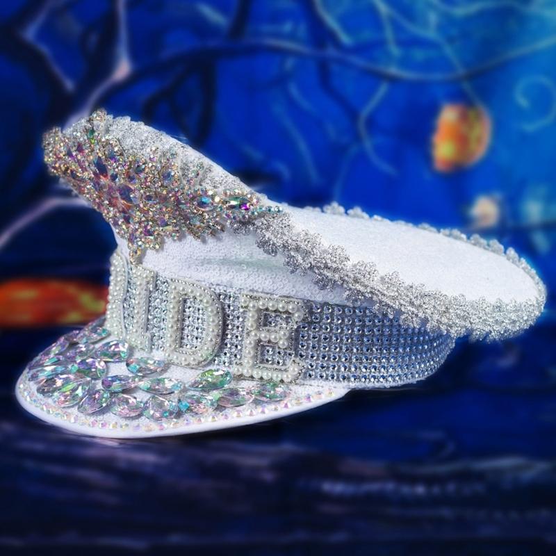 BRIDE Wedding Hat with Colorful Rhinestone Decor Stage Show Hat Military Hat Stage Performances Hat for Masquerade Party