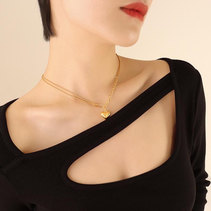3D Peach Heart Pendant Necklace – Geometric Punk Style Clavicle Chain P662 for Summer Travel