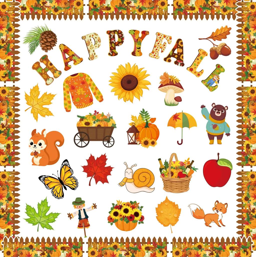 Autumn Cardboard Leaves Squirrel Pumpkin Background Wall Bulletin Board Decorated Thanksgiving Wall Stickers Wall Decoration