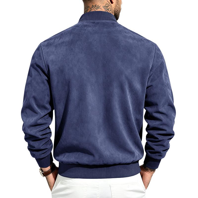 Men Faux Suede Bomber Jacket Zip‑Up Baseball Collar Casual Long Sleeve Outerwear Lightweight Fall Pilot Coat