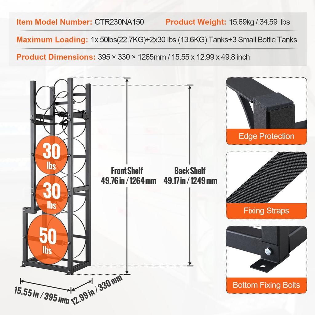 Refrigerant Tank Rack, with 1 x 50lb, 2 x 30lb and Other 3 Small Bottle Tanks, Cylinder Tank Rack 15.55x12.99x49.8 in, Refrigerant Cylinder Rack and