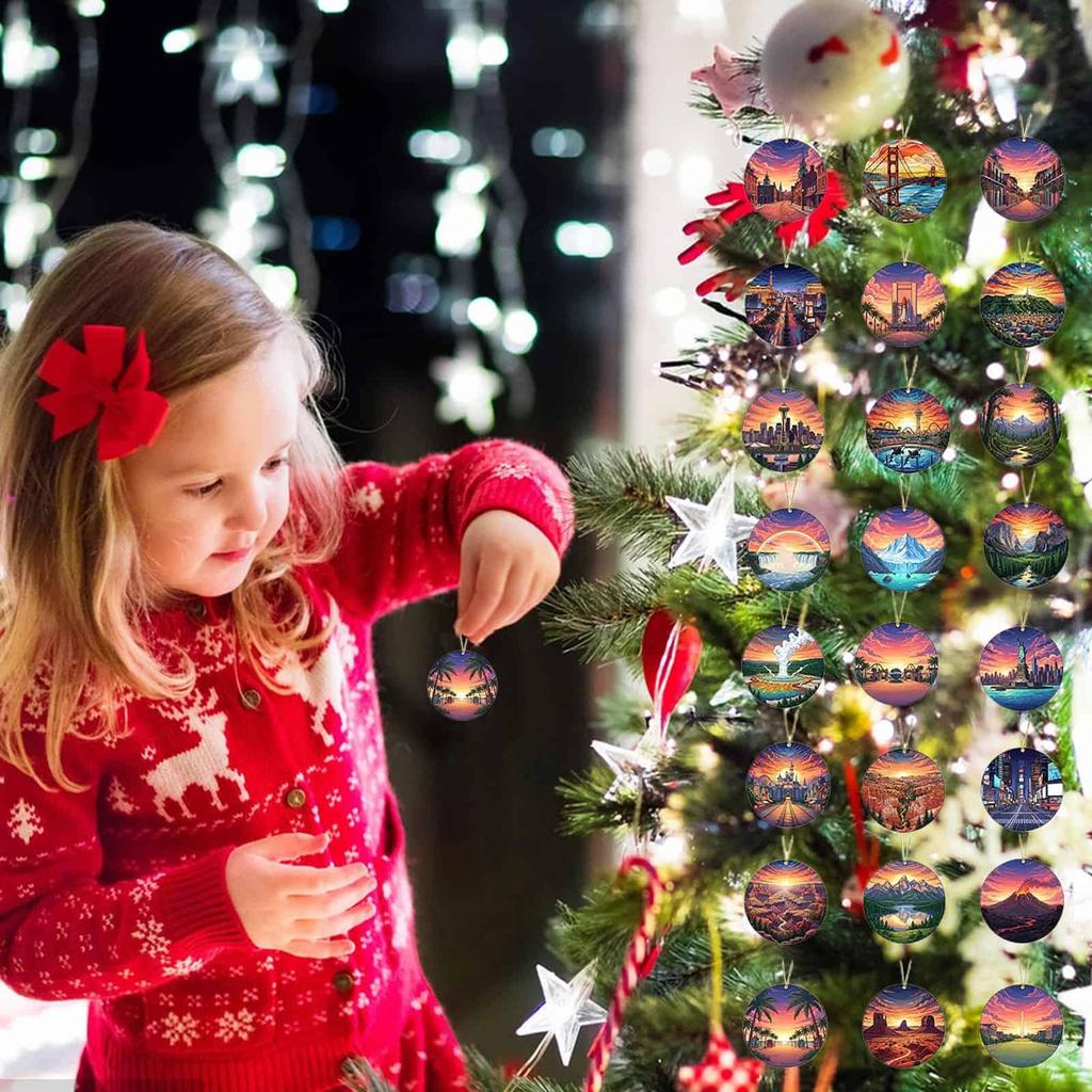 Advent Ornament Calendar 2025 24-Day 2d Pendant Advent Christmas Holiday US Landmarks Pendant Calendar For Window Door Tree Bag